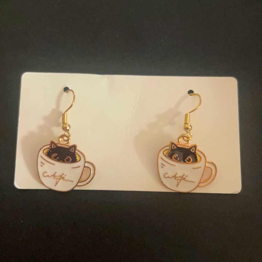 Black kitty on a tea cup earrings